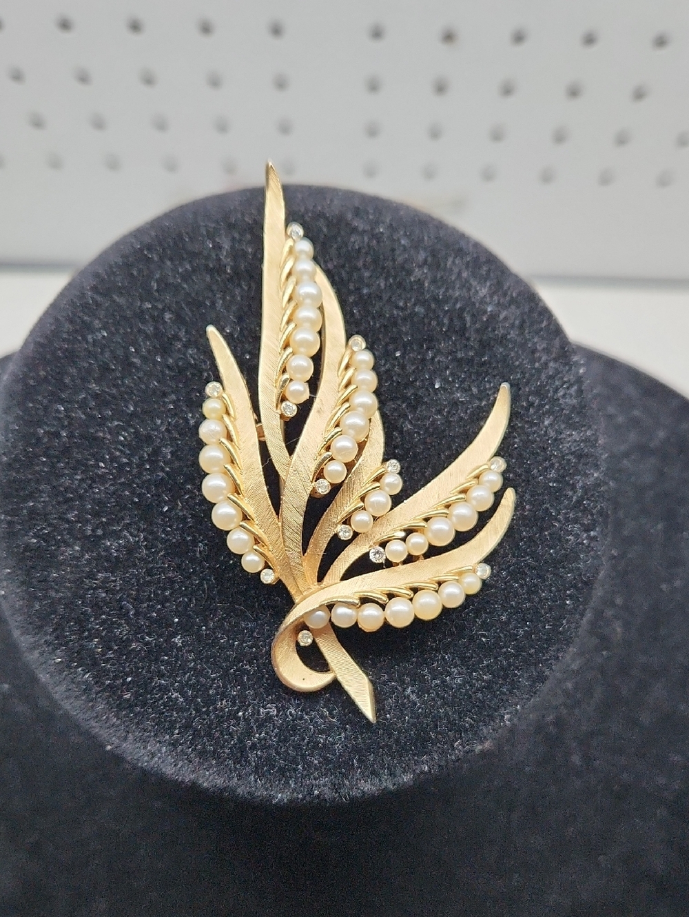 Trifari Gold-Tone Leaf Brooch with Pearlescent Beads